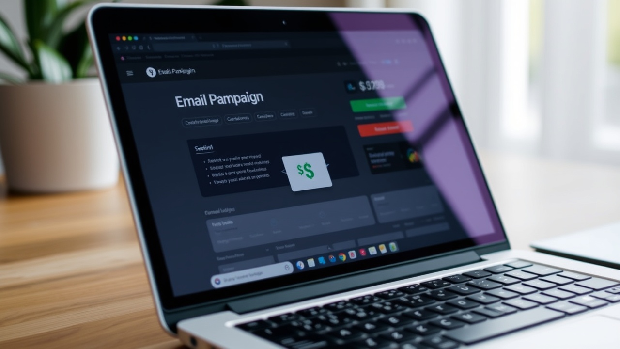 A laptop screen shows an email campaign dashboard with a small price tag icon.