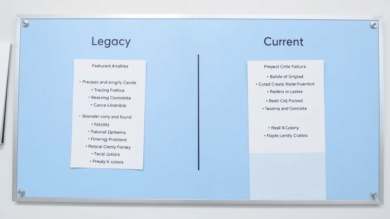 A simple chart on a board compares features under the headings 