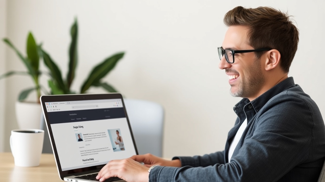 A person smiling while looking at an open laptop with an email template editor