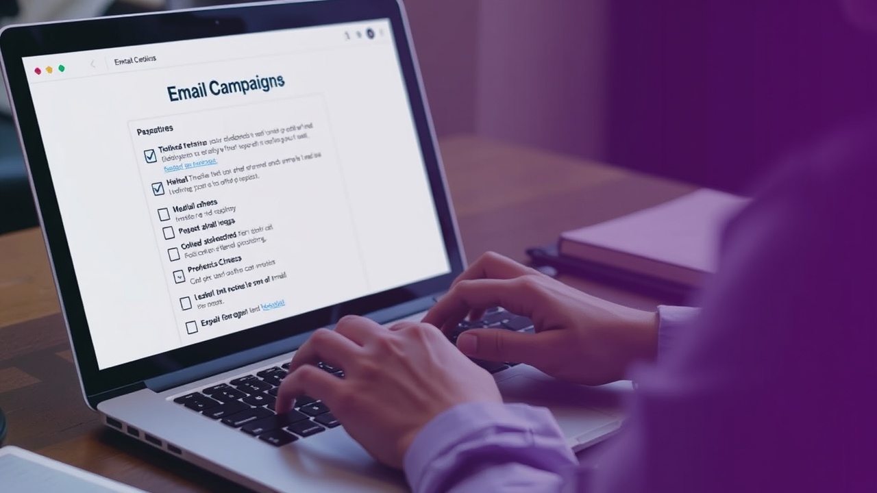 A person typing an email campaign on a laptop with a visible checklist