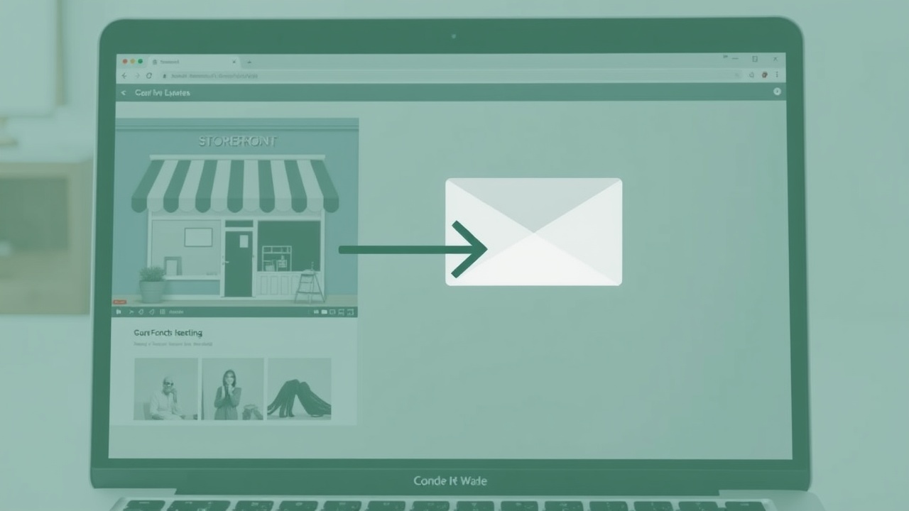 A laptop screen shows a storefront page beside an email app with an arrow between them.
