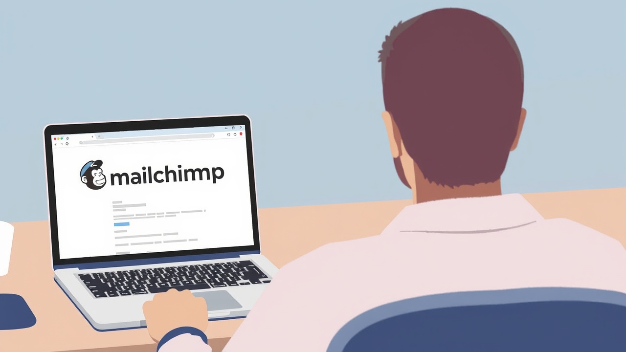 A person sits at a desk with a laptop showing two open windows, one labeled Mailchimp and one labeled another email app