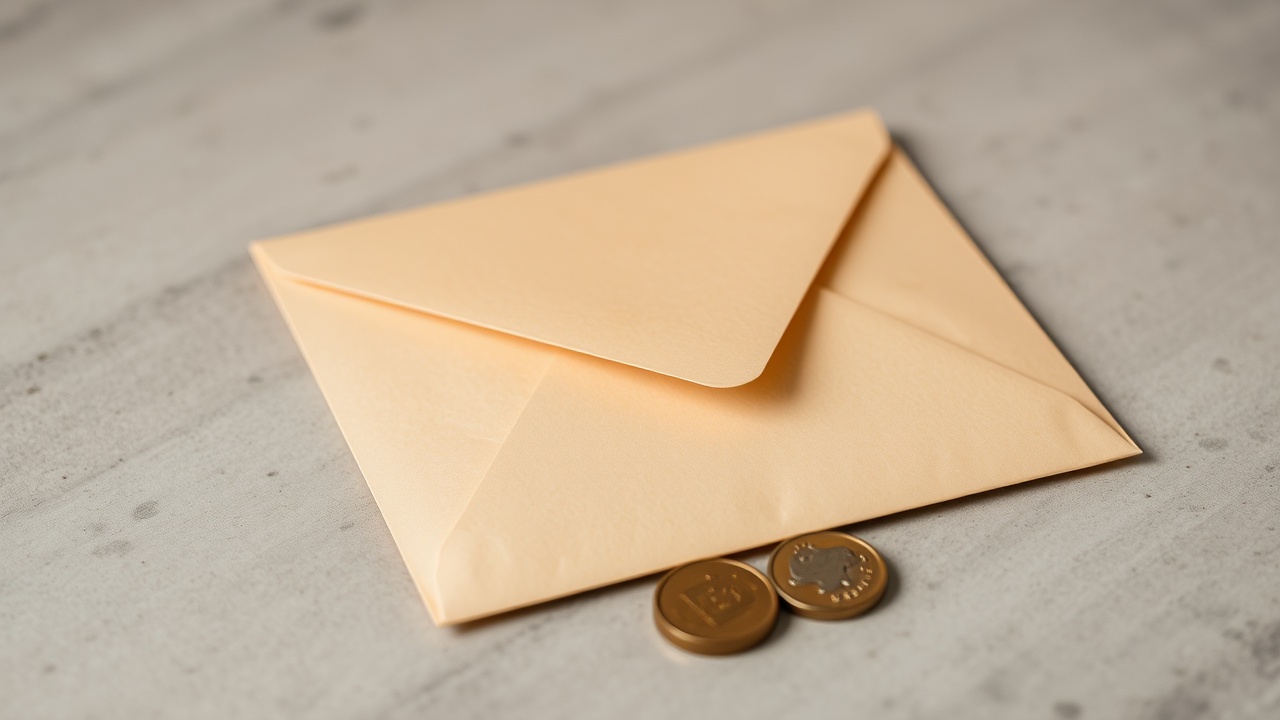 A paper envelope rests on a table beside a small pile of coins