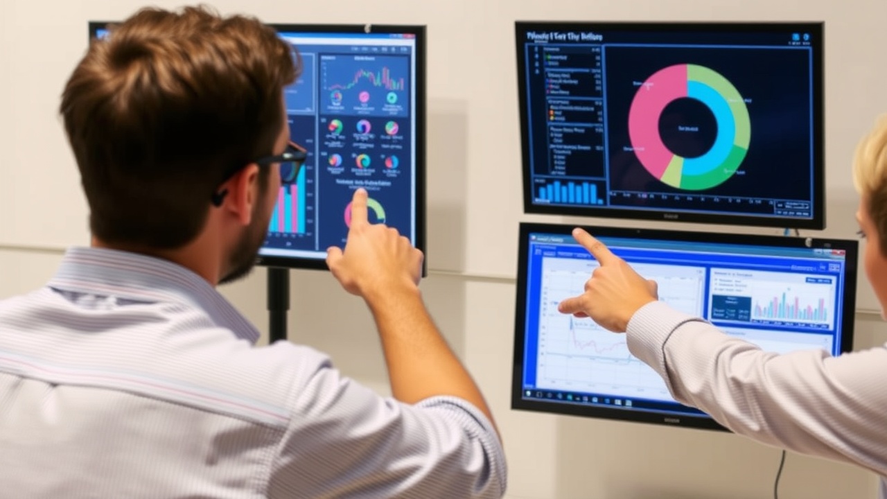 A person points at a chart on one screen while another person points at a different chart on the other screen.