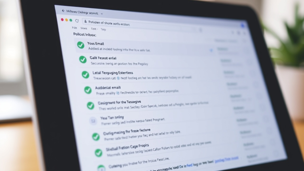 A laptop screen shows an inbox with green checkmarks next to many emails