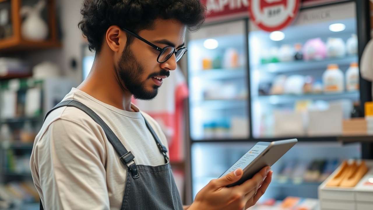 A small shop owner looks at a tablet with an email draft on the screen