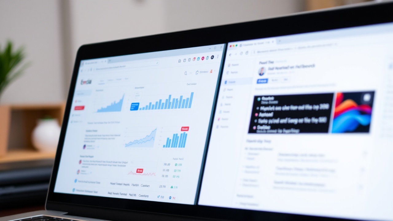A laptop screen shows two email dashboards side by side, each with graphs and lists