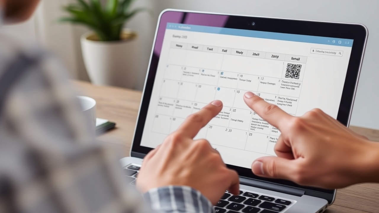 A person gestures toward a calendar of scheduled emails on a laptop.