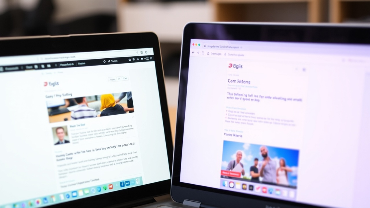 A laptop screen displays two email platforms next to each other.