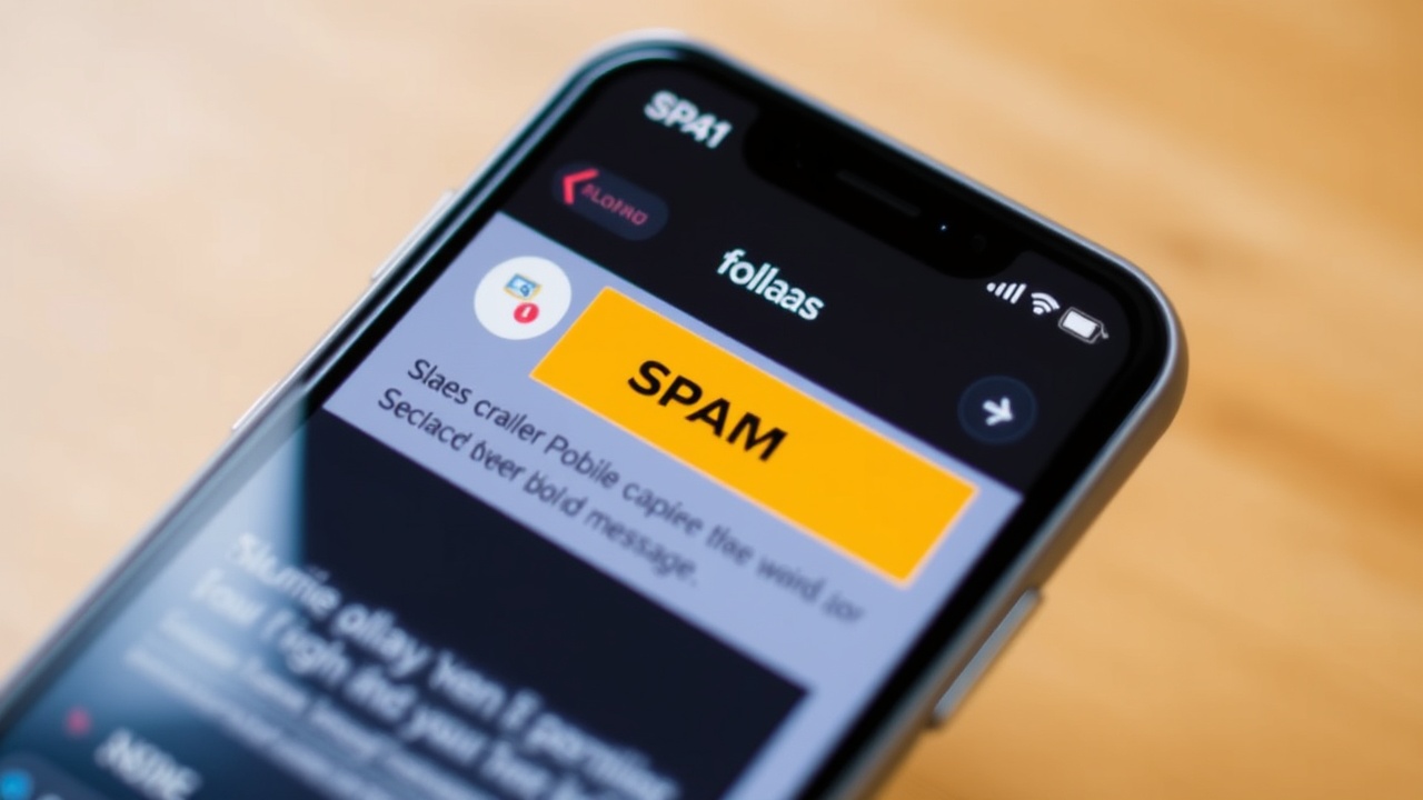 A smartphone shows a message sitting in the spam folder with a yellow label