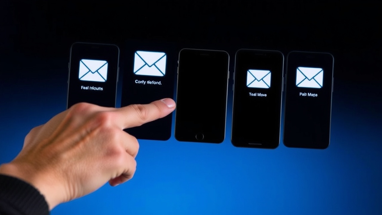 A hand pointing at one of five phone screens showing email icons