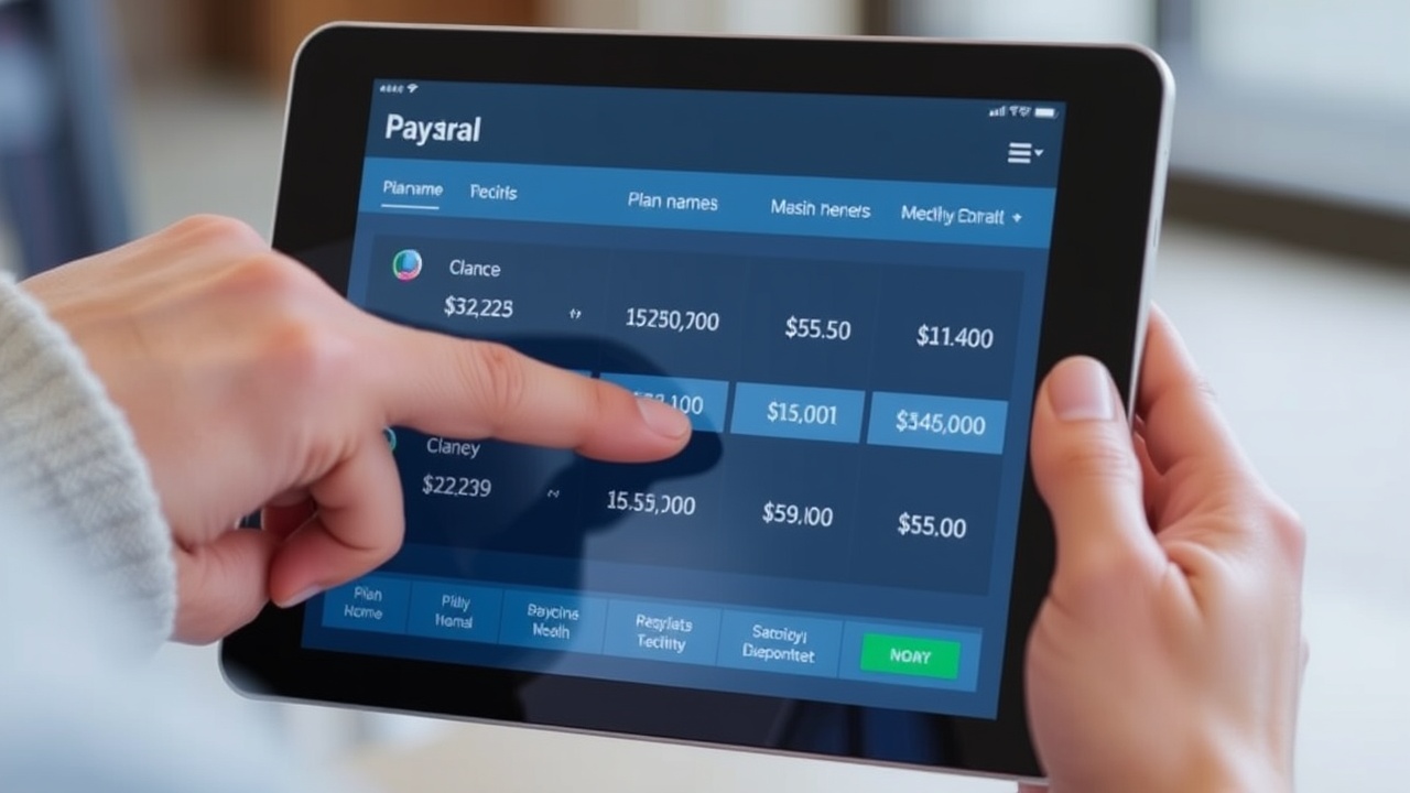 A person points at a tablet that displays plan names and monthly numbers.