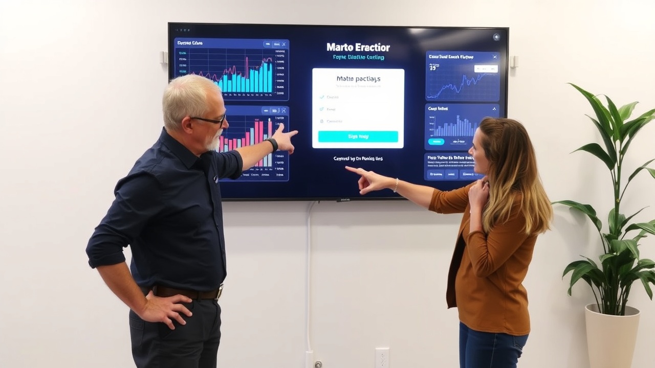 Two people point at a large monitor that displays charts and an email signup form