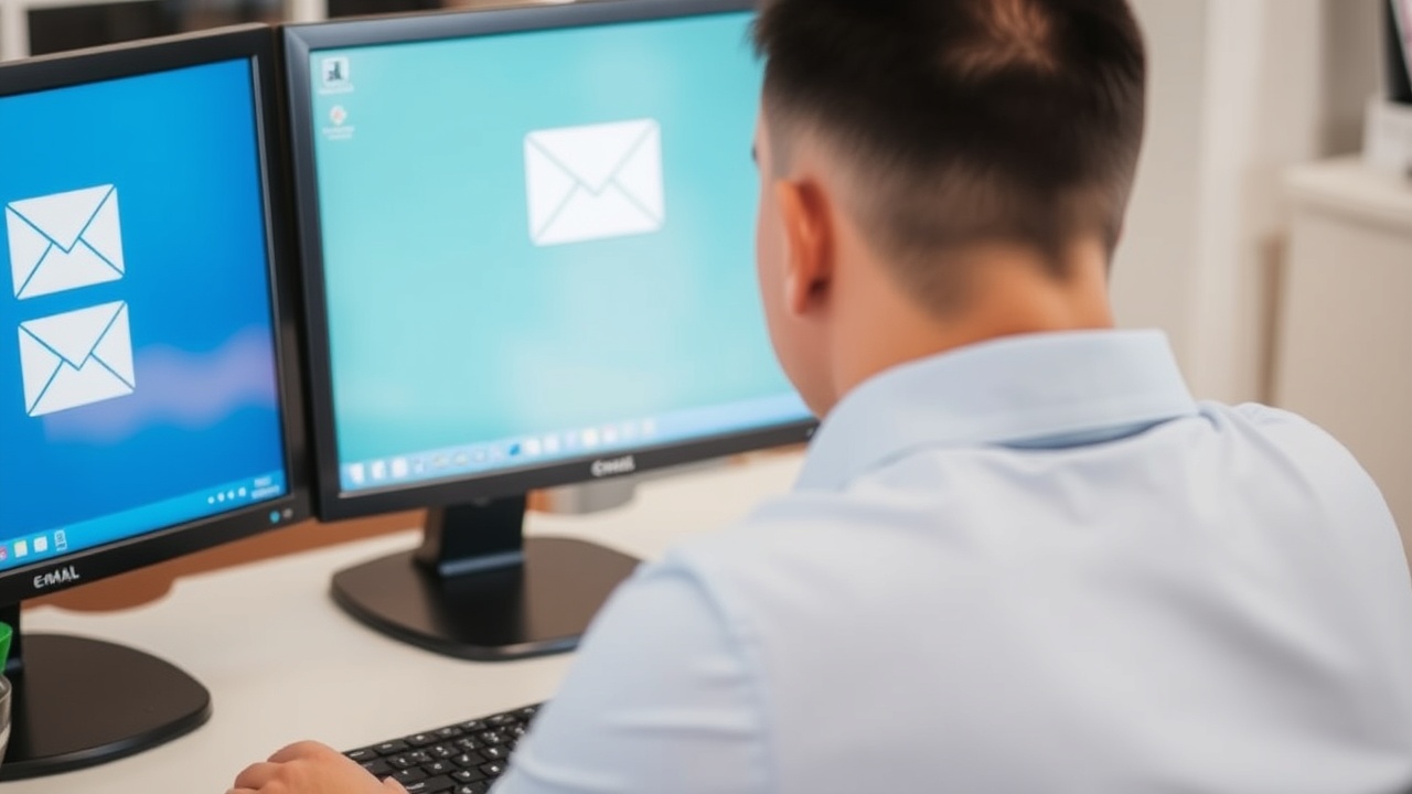 A person at a desk looking at two computer screens with email icons.