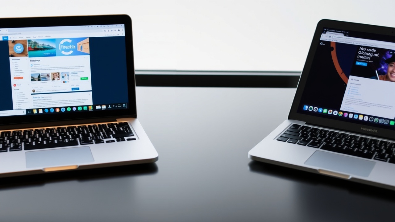 Two open laptops face each other with different email dashboards on their screens.