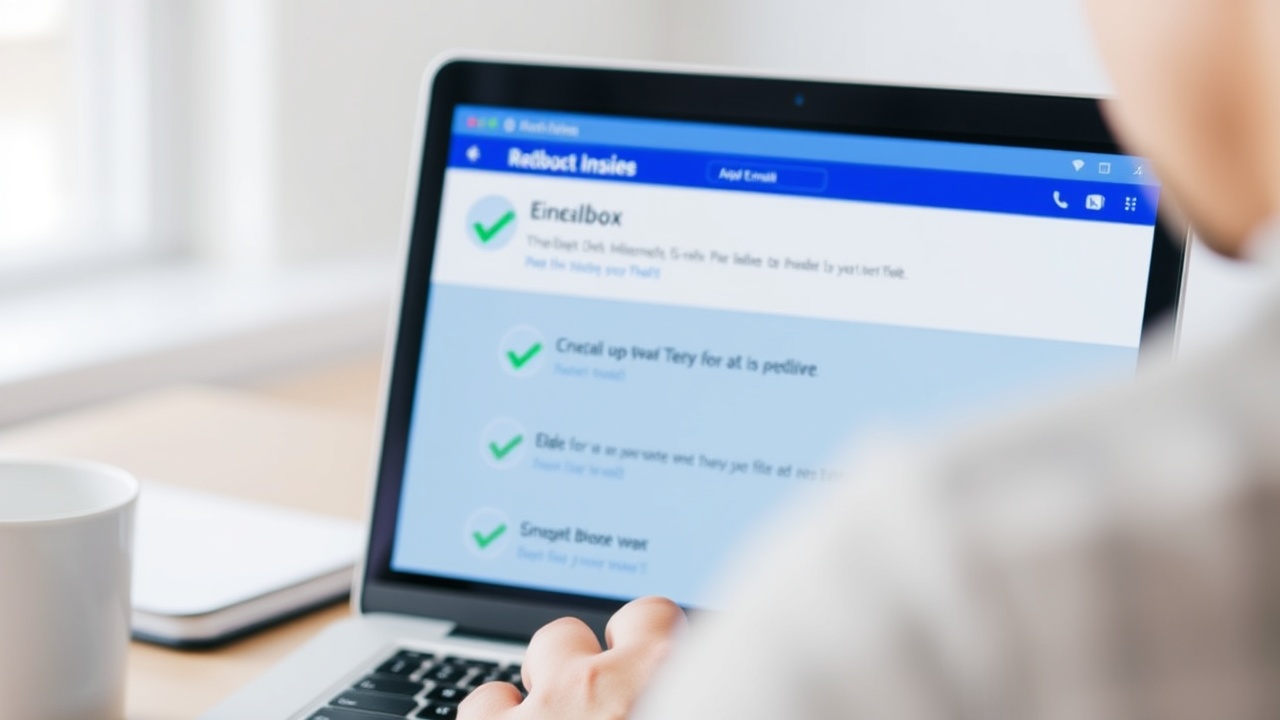 A person looks at a laptop screen showing an email inbox with green check marks