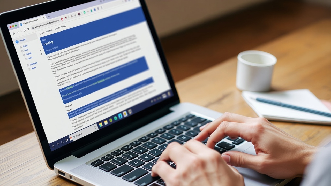 A person types on a laptop with an open email draft on the screen