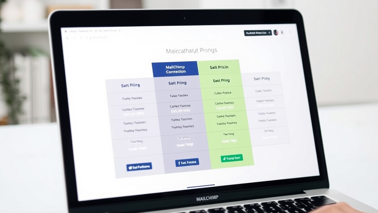 A laptop screen shows a Mailchimp pricing table with plan names and prices