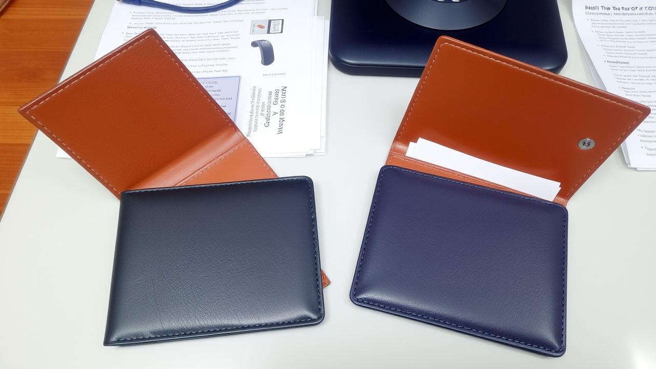 Two open wallets on a desk with small papers beside them.