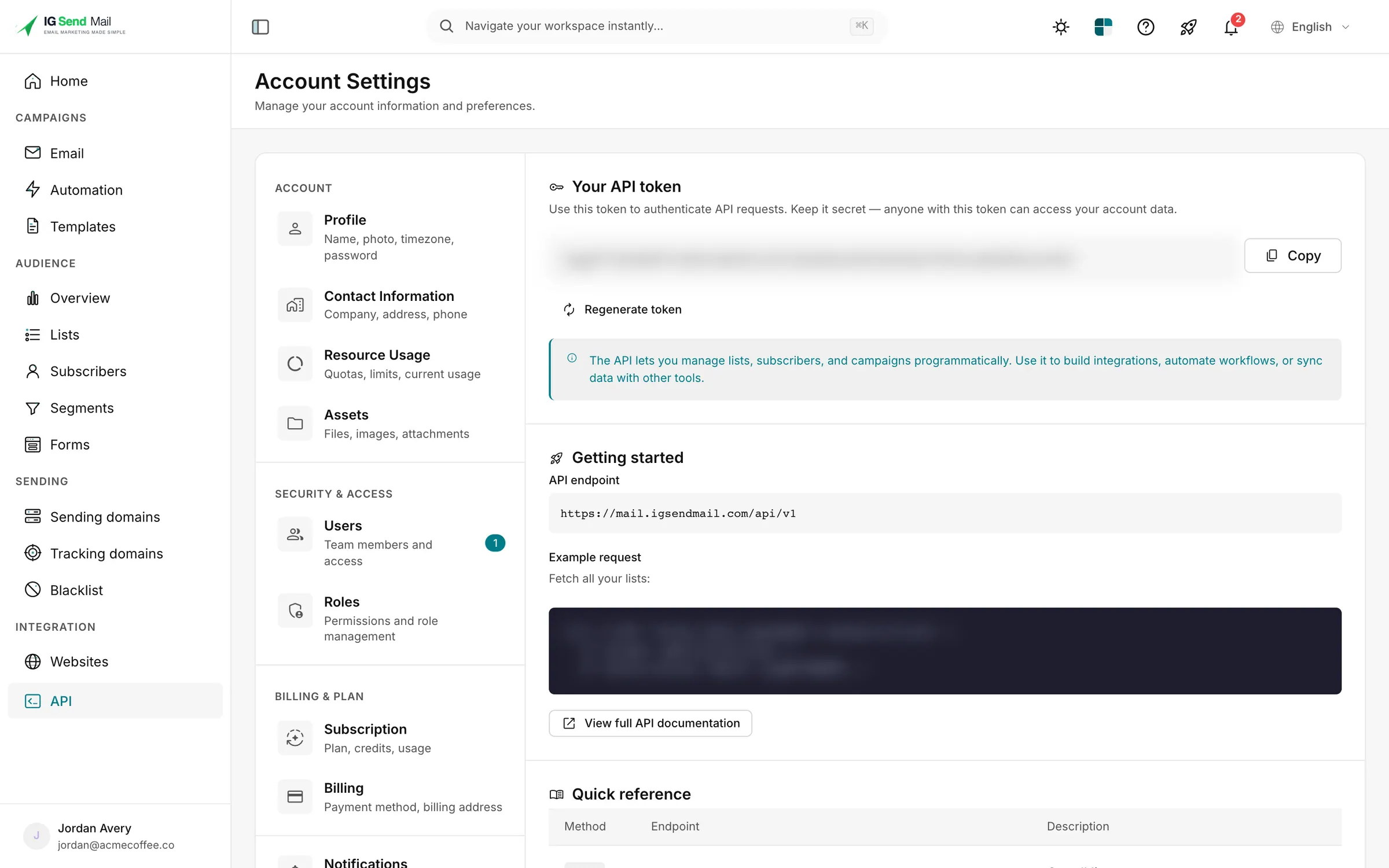 The API keys page