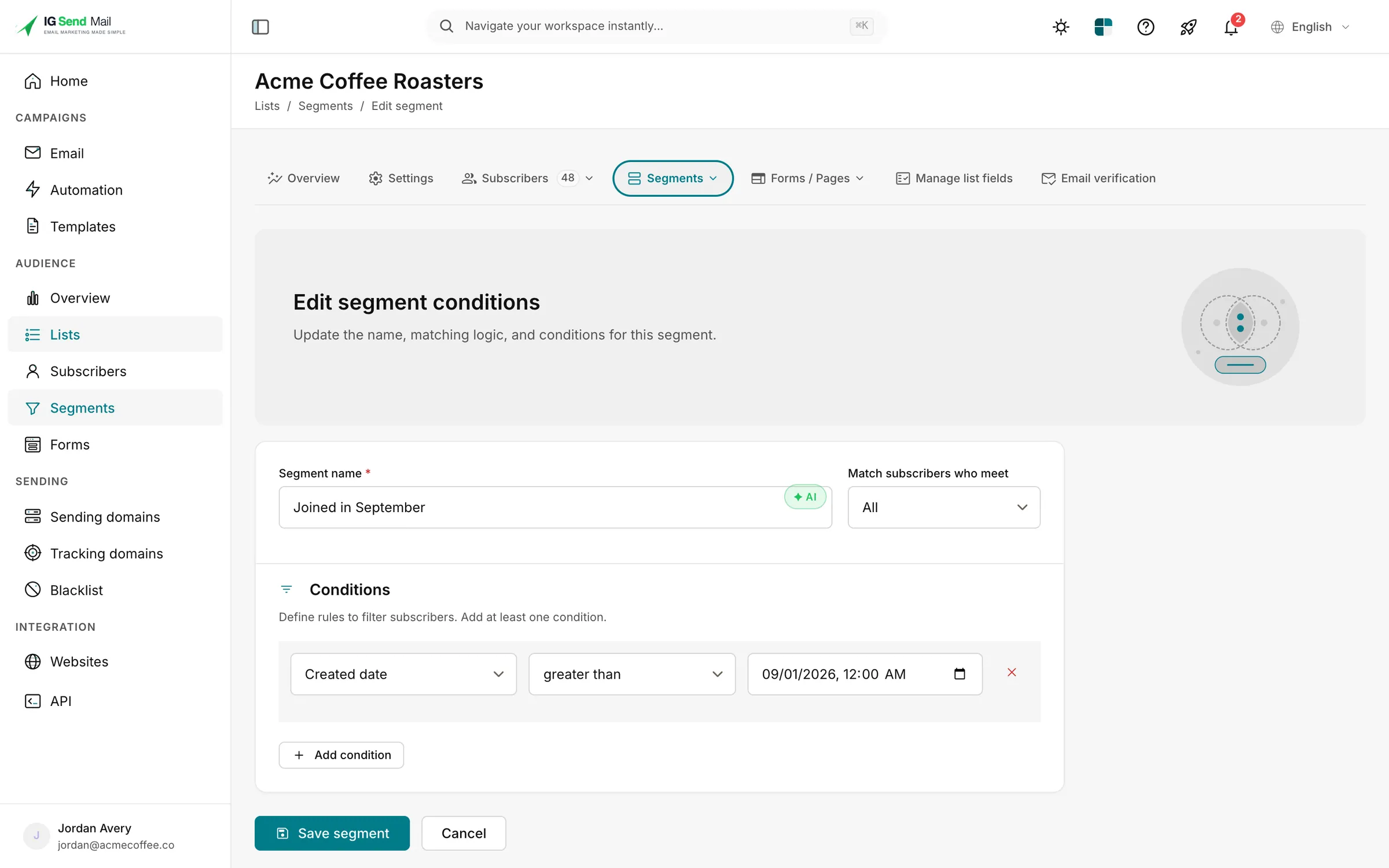The segment builder with a created-date condition